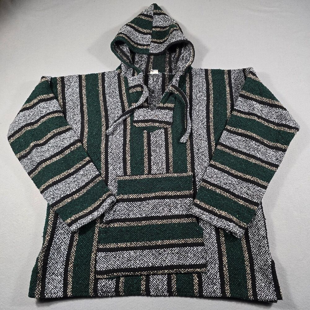 Emisa Men's XL Green Black Baja Hoodie Mexican Drug Rug Pullover Striped